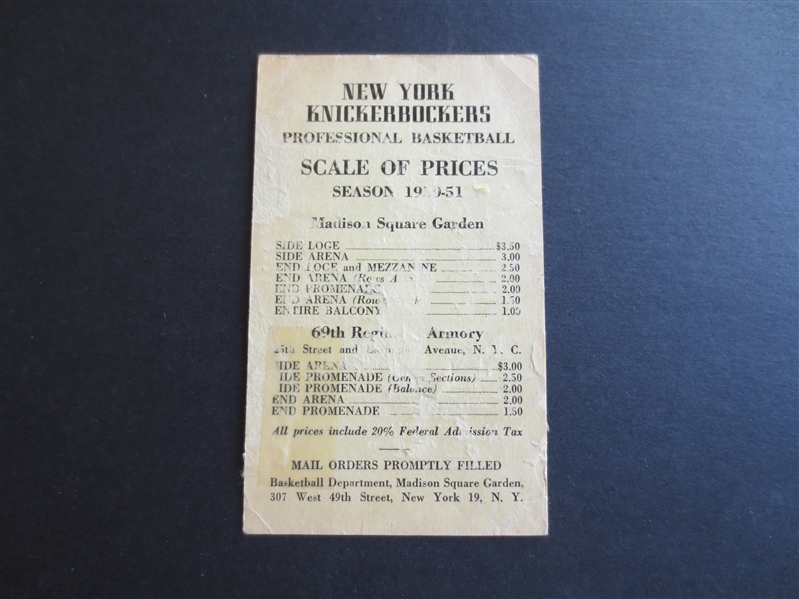 1950-51 New York Knicks Basketball Schedule   2nd year of the NBA!