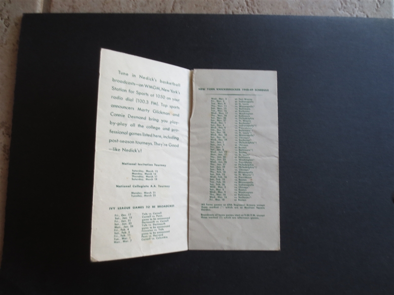 1948-49 New York Knicks BAA and Local College Pocket Schedule by Nedick's and WMGM Marty Glickman