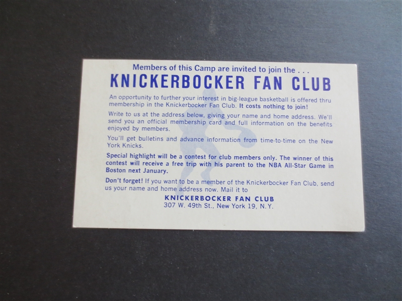 1950's New York Knicks Fan Club Advertising Flier  3 x 6