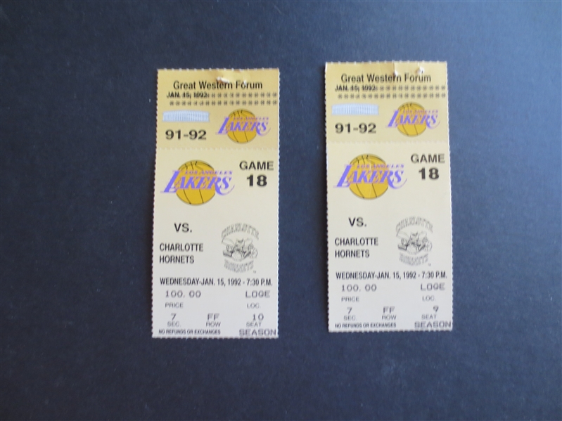 (2) January 15, 1992 tickets for Charlotte Hornets at Los Angeles Lakers Game