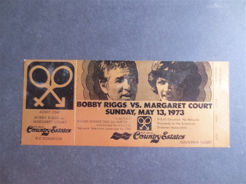 1973 Tennis Match Ticket Bobby Riggs vs. Margaret Court