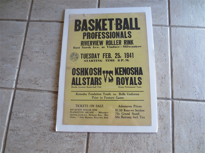 1941 Pro Basketball Broadside Oshkosh All Stars vs. Kenosha Royals 20 x 14  RARE!