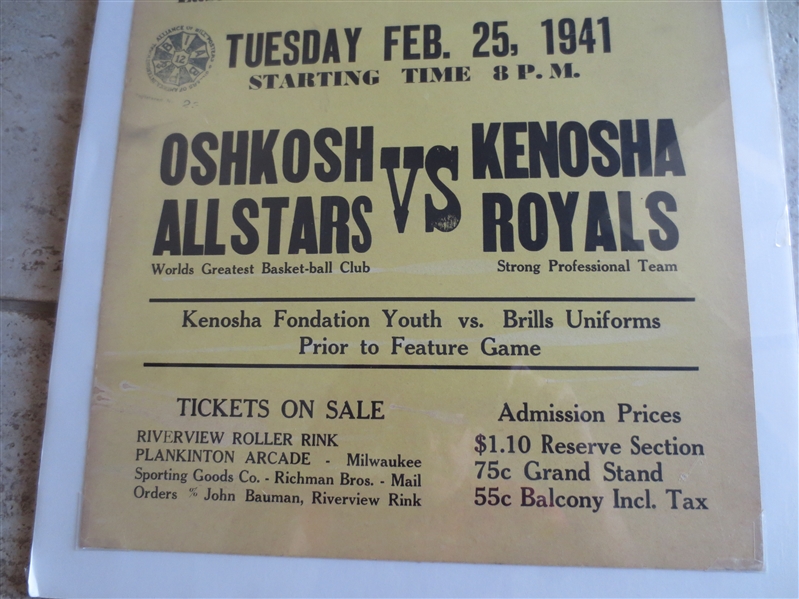 1941 Pro Basketball Broadside Oshkosh All Stars vs. Kenosha Royals 20 x 14  RARE!