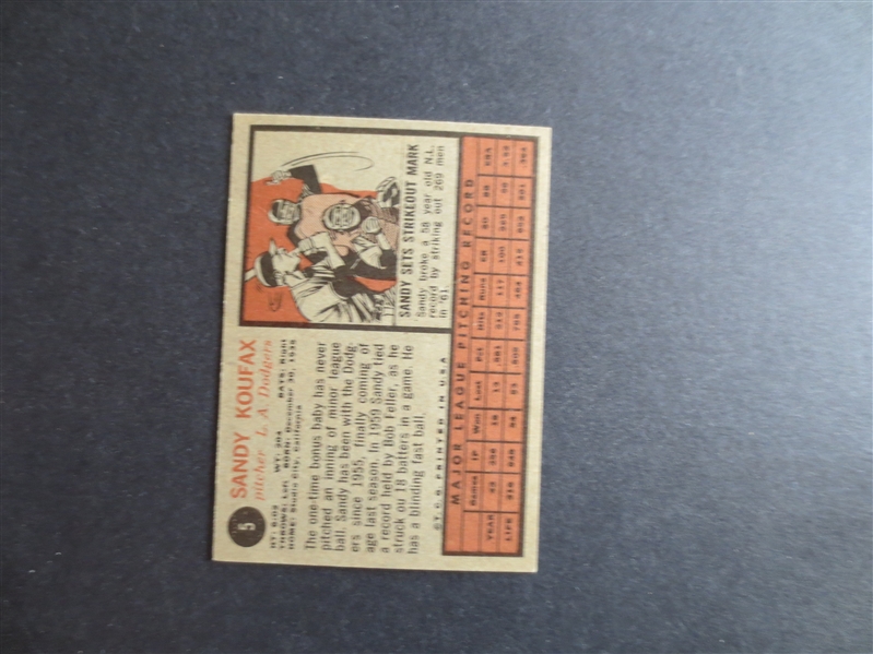 1962 Topps Sandy Koufax Baseball Card #5 in Beautiful Condition!         2