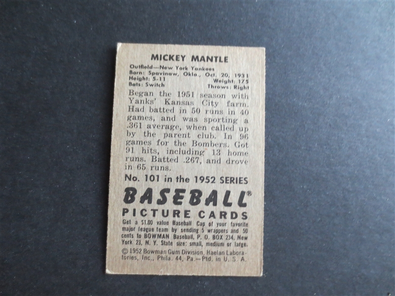 1952 Bowman Mickey Mantle Baseball Card in Very Nice Shape #101