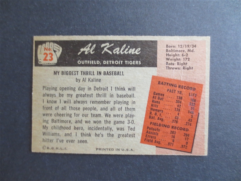 1955 Bowman Al Kaline Baseball Card #23 in Beautiful Condition but light creases on back Hall of Famer!