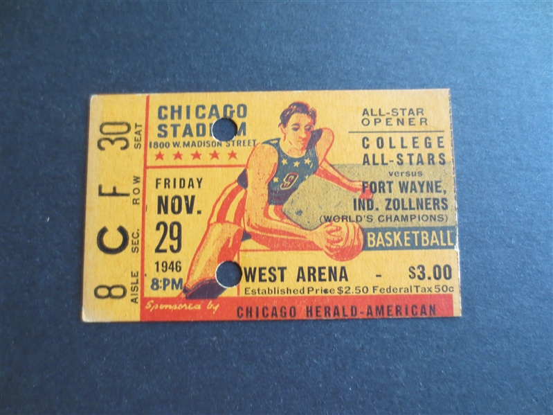1946 Fort Wayne Zollner Pistons Pro World's Champion vs College All Stars Basketball Ticket