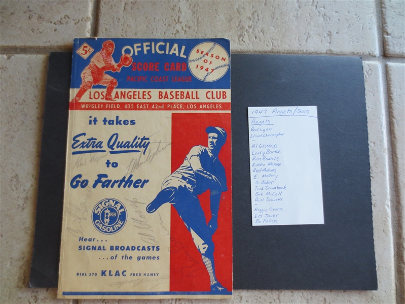 Autographed 1947 Hollywood Stars at Los Angeles Angels PCL Scorecard/Program with 16 signatures