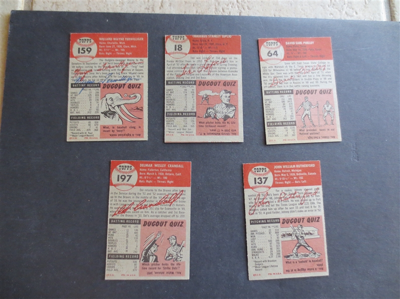 (5) Autographed 1953 Topps Baseball Cards:  Crandall, Rutherford, Terwilliger, Lepcio, and Philley