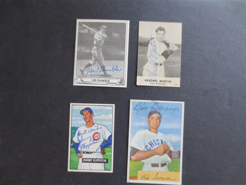 (4) Autographed 1940-54 Baseball Cards: Gamble, Martin, Klippstein, Serena