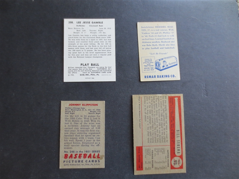 (4) Autographed 1940-54 Baseball Cards: Gamble, Martin, Klippstein, Serena