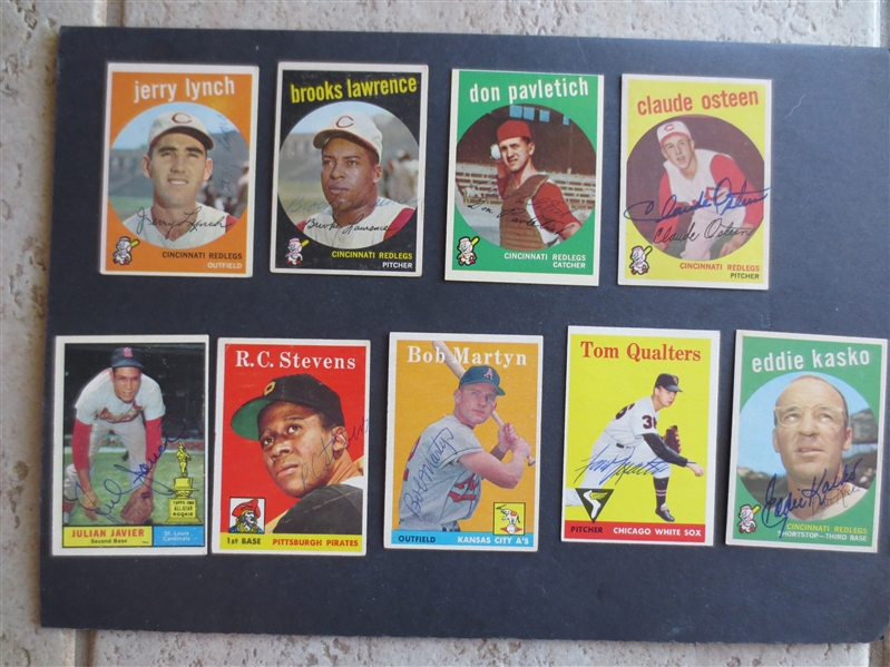 (9) different Autographed 1958, 59, 61 Topps Baseball Cards including Osteen, Kasko, and Javier