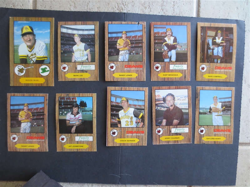 (10) Autographed 1970's San Diego Padres Family Fun Centers Baseball Cards including Gaylord Perry, Randy Jones, and Roger Craig