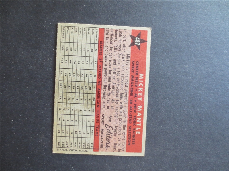 1958 Topps Mickey Mantle All Star Baseball Card #487 in Great Shape!             7