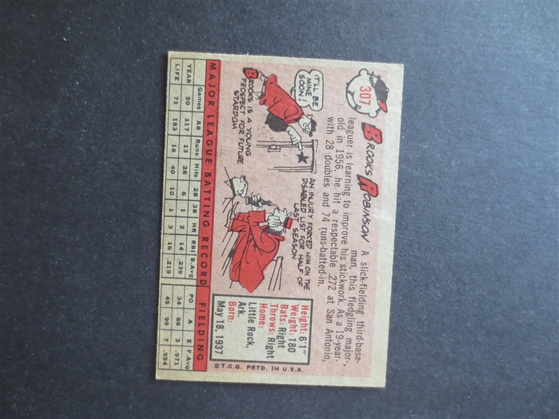 1958 Topps Brooks Robinson Baseball Card #307 in Great Shape!