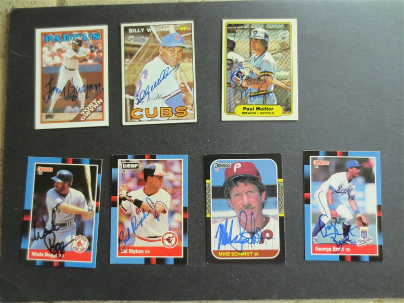 (7) Autographed Hall of Famer Baseball Cards: Molitor, Gwynn, Williams, Boggs, Schmidt,Ripken, Brett