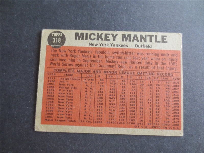 Autographed Mickey Mantle 1962 Topps The Switch Hitter Connects Baseball Card #318
