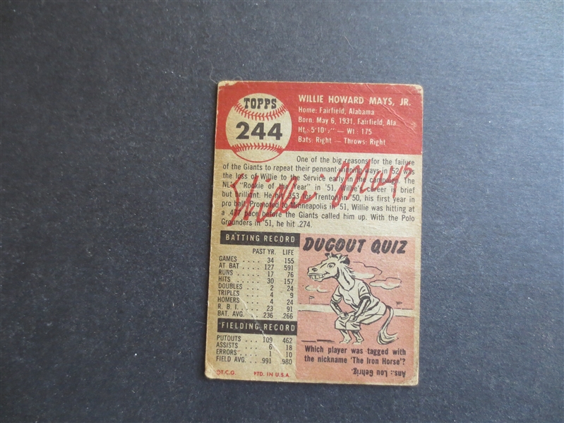 1953 Topps Willie Mays Baseball Card #244 in affordable condition!