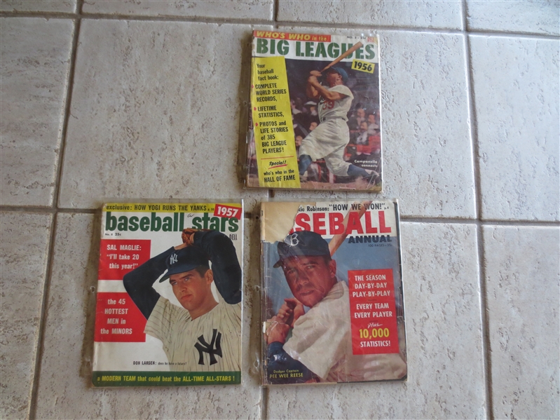 (3) different 1950's Baseball Magazines with Campanella, Reese, and Larsen Covers in rough shape