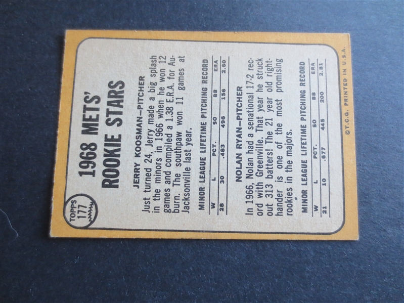 1968 Topps Nolan Ryan Rookie Baseball Card #177 in Great Shape but slightly uneven cut!                 RC