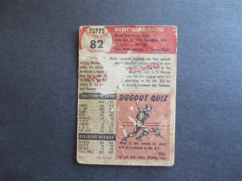 1953 Topps Mickey Mantle Baseball Card #82 in affordable condition!
