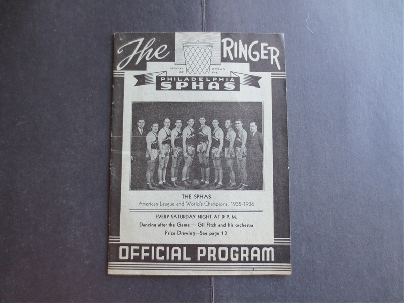 1936-37 Philadelphia Sphas ABL Pro Basketball Champions Program--- World Champs previous year!