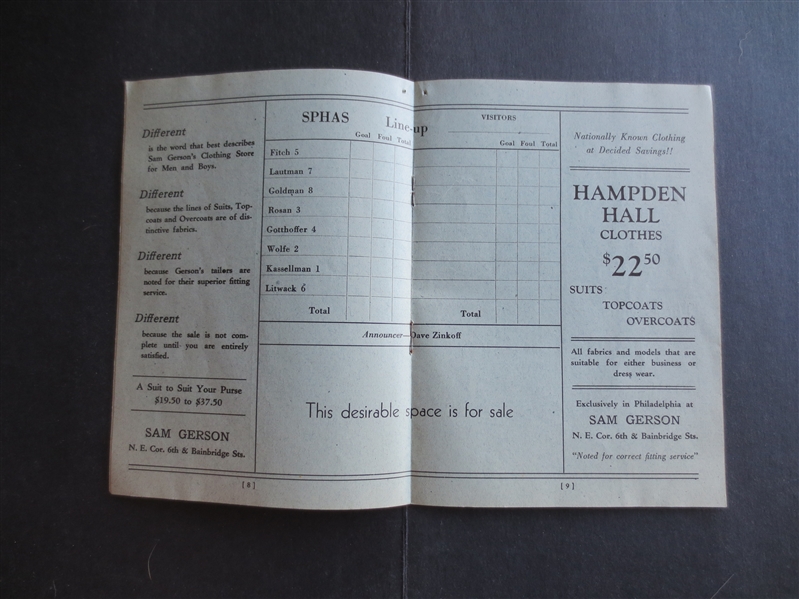 1936-37 Philadelphia Sphas ABL Pro Basketball Champions Program--- World Champs previous year!