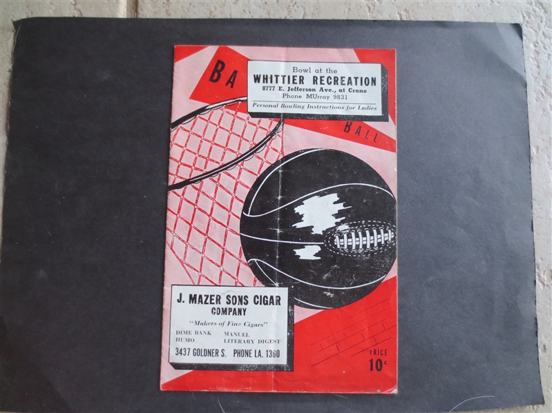 1939 Chicago Bruins at Detroit Eagles NBL Pro Basketball Program  RARE!