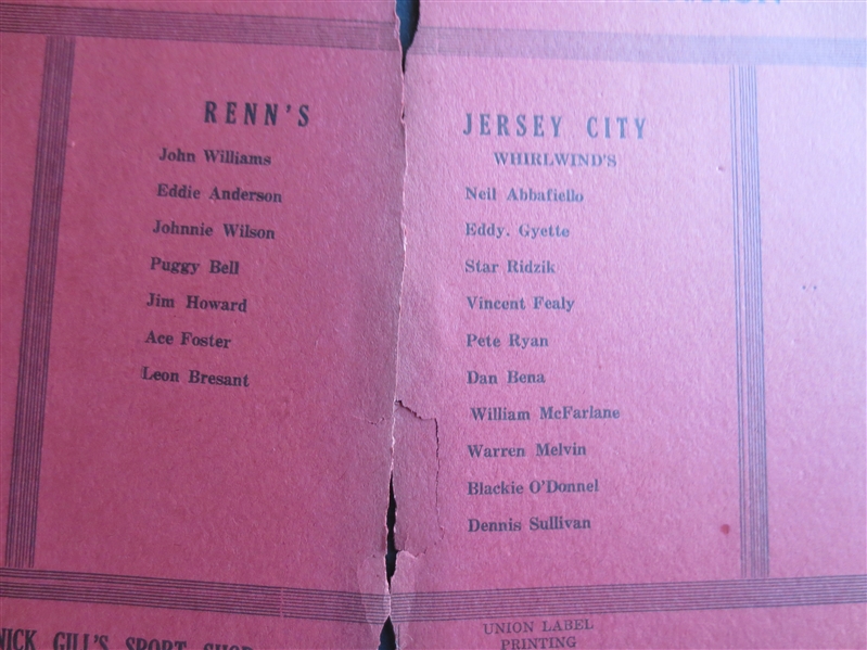 1940's New York Renaissance Rens Negro Basketball Program Scorecard vs. Jersey City Whirlwinds  RARE!