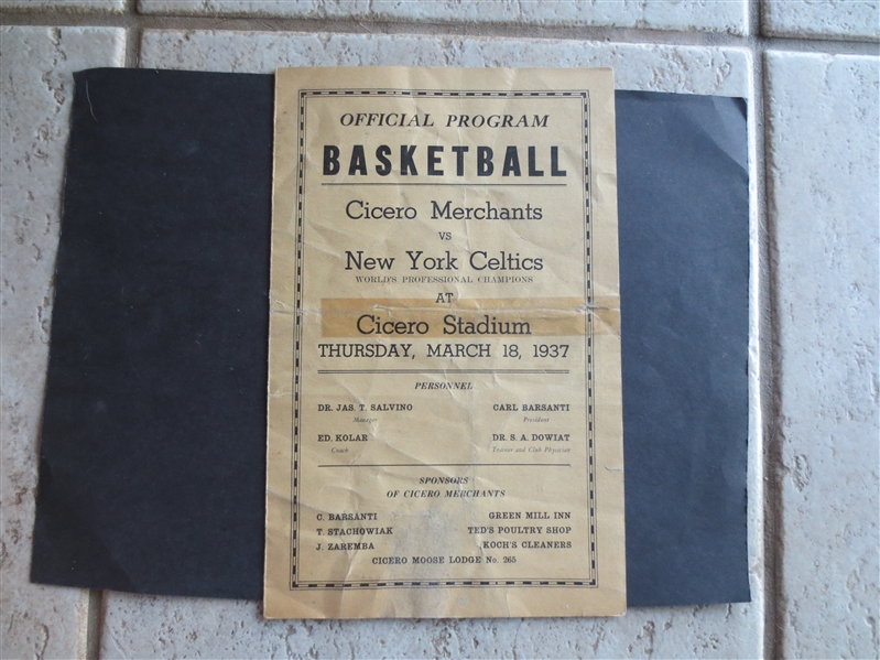 1937 NEW YORK Celtics World's Professional Champions vs. Cicero Merchants Basketball Program Scorecard  VERY RARE!