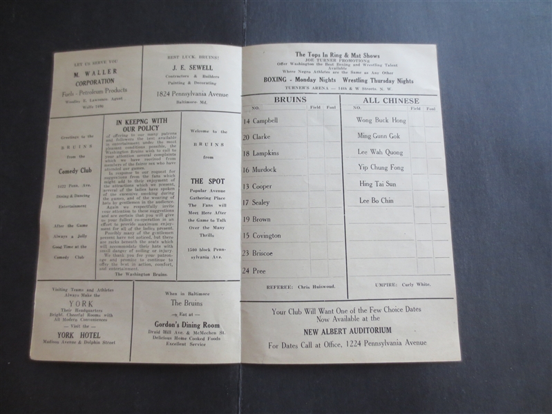 1941 Washington Bruins (All Black Basketball Team) Basketball Program vs. Hong Wah Kues  RARE!