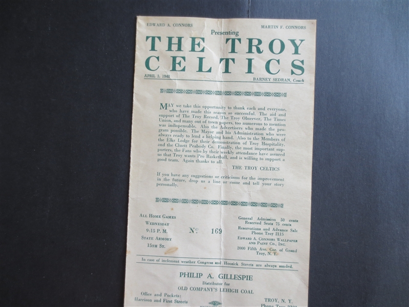 1940 ABL American Basketball League Playoff Program Scorecard Philadelphia Sphas at Troy Celtics