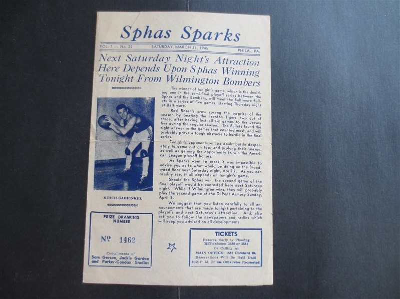 1945 ABL Basketball Playoff Program Philadelphia Sphas vs. Wilmington Bombers 