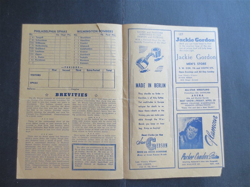 1945 ABL Basketball Playoff Program Philadelphia Sphas vs. Wilmington Bombers 