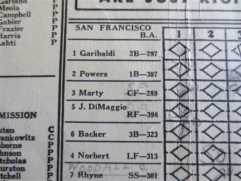 1935 Joe DiMaggio Minor League Scorecard San Francisco Seals  PRE-YANKEES VERY RARE