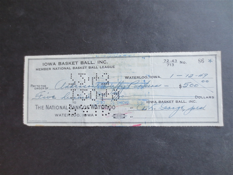 Autographed 1949 NBL Check Between Anderson Duffy Packers and Waterloo, Iowa Hawks