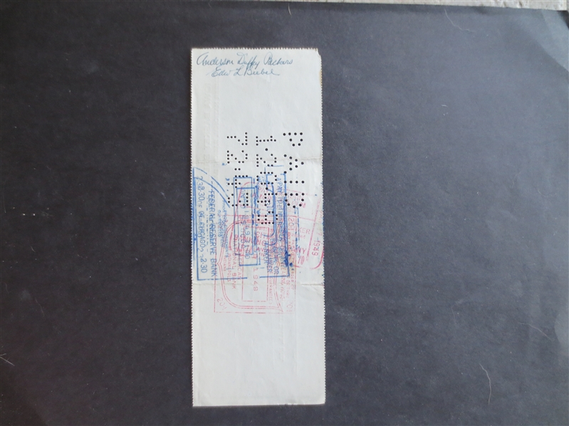 Autographed 1949 NBL Check Between Anderson Duffy Packers and Waterloo, Iowa Hawks