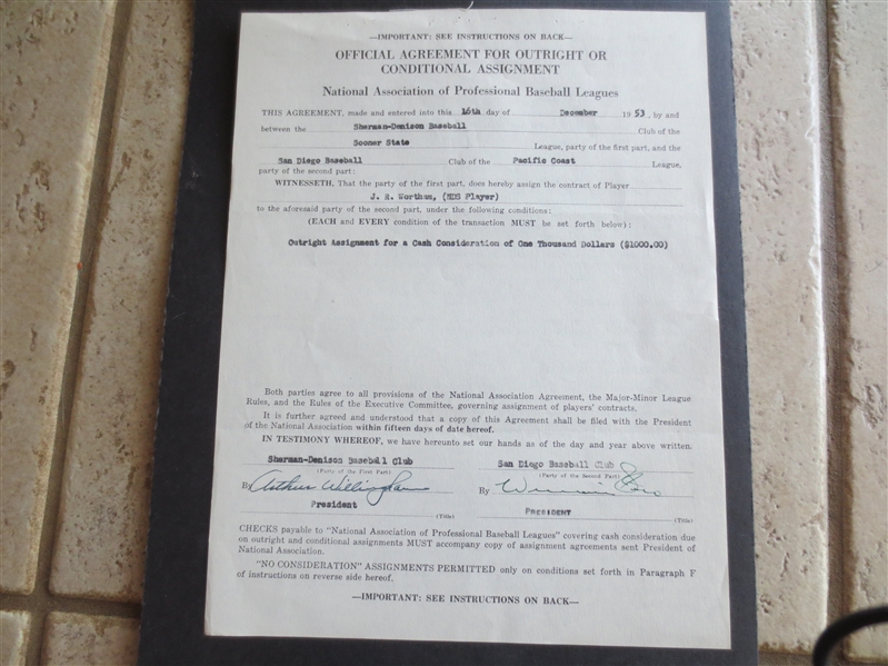 Autographed William Chick Starr Assignment Contract San Diego Padres PCL Pacific Coast League