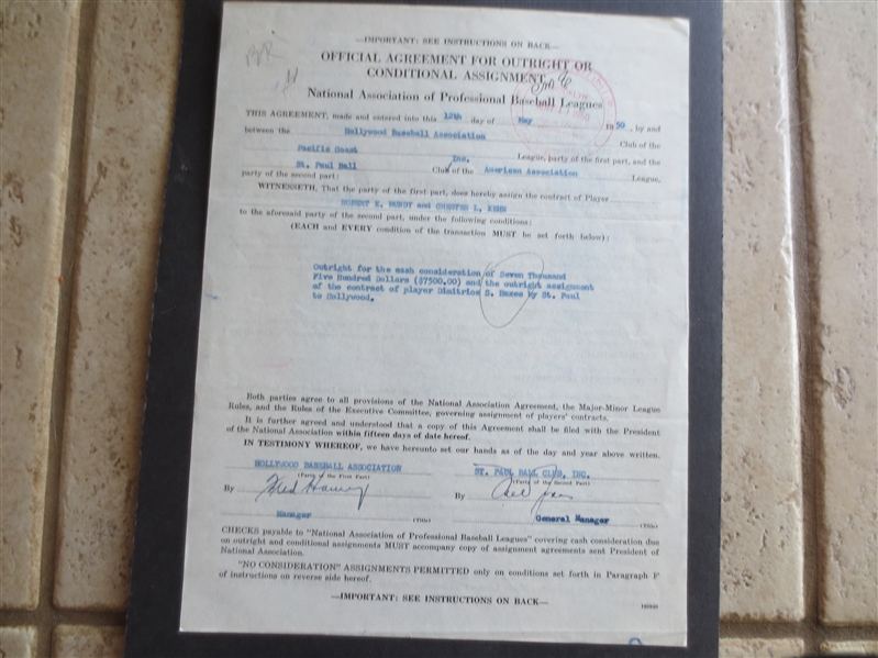 Autographed William Chick Starr Assignment Contract San Diego Padres PCL Pacific Coast League