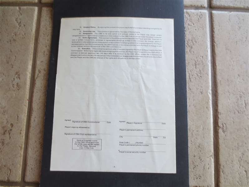 1985 Continental Basketball Association CBA Contract to Rory Sparrow to Play for the Wisconsin Flyers