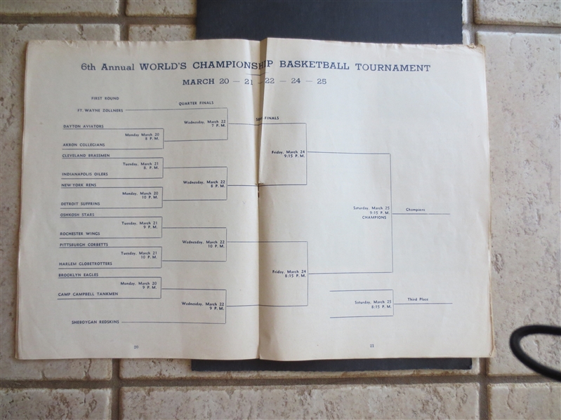 1944 Sixth Annual World's Championship Basketball Tournament Partially Scored Program  New York Rens Ft. Wayne Zollner Pistons 