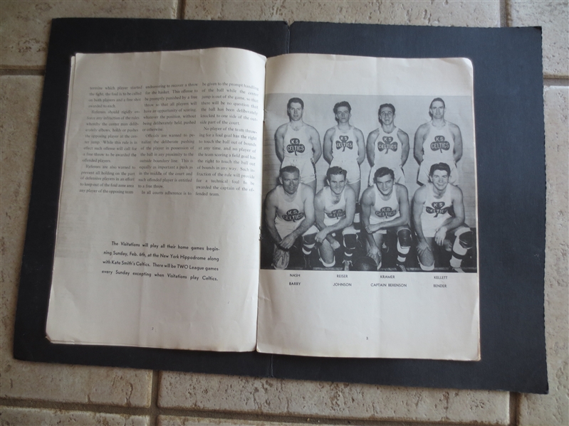 1937-38 Kate Smith's Original New York Celtics vs. Philadelphia Sphas Basketball Program  RARE!