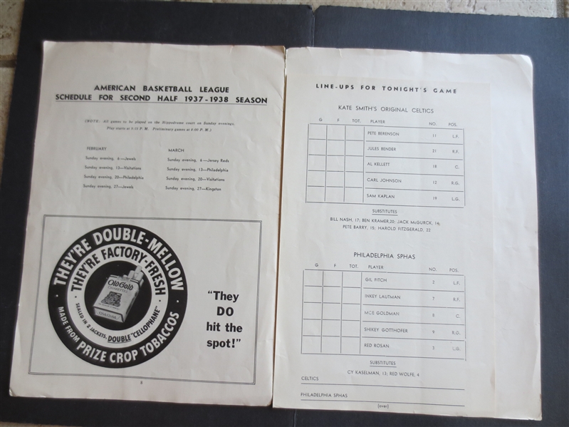 1937-38 Kate Smith's Original New York Celtics vs. Philadelphia Sphas Basketball Program  RARE!