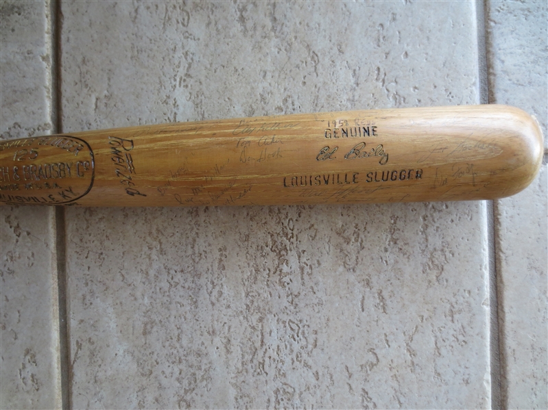 Autographed 1958 Game Used Ed Bailey Team Signed Baseball Bat with 25 Signatures including Frank Robinson and Don Hoak!