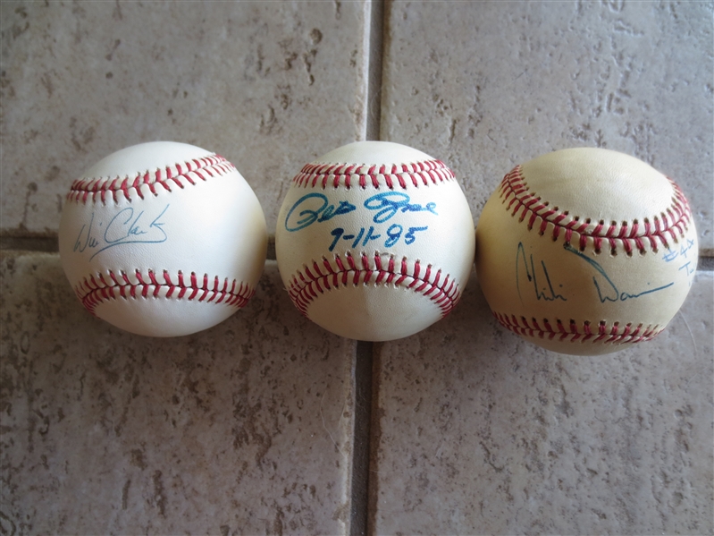 (3) different Autographed Single Signed Star Baseballs: Pete Rose (with COA), Will Clark and Chili Davis