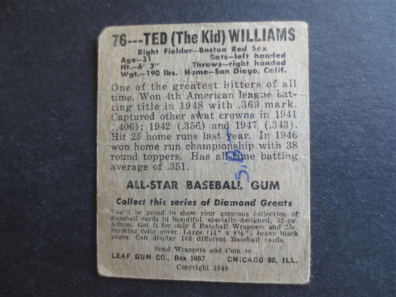 1949 Leaf Ted Williams Baseball Card in affordable condition!  #76