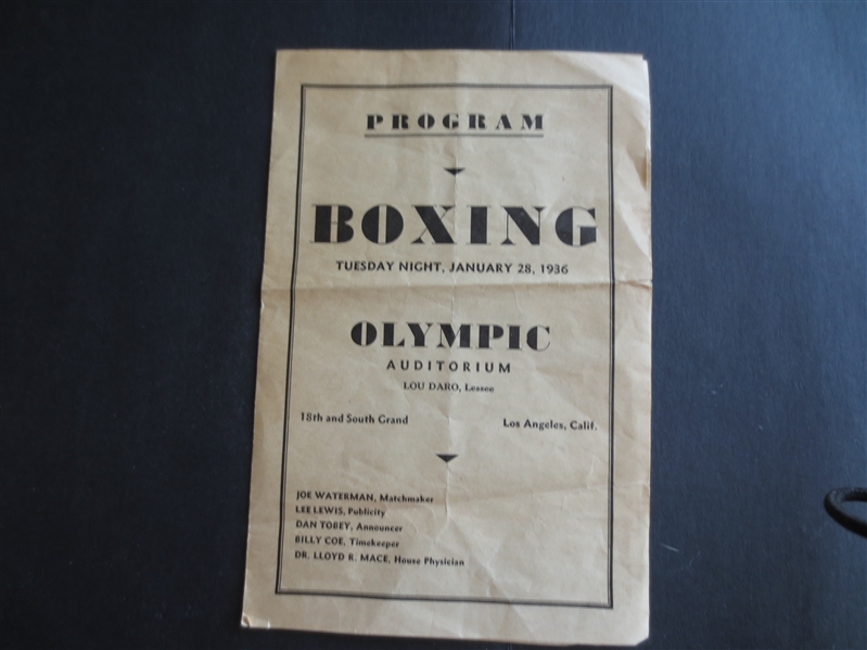 1936 Maxie Rosenbloom Boxing Program at the Olympic Auditorium in Los Angeles