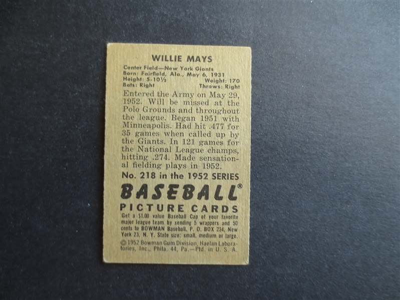 1952 Bowman Willie Mays Baseball Card #218 in affordable condition!