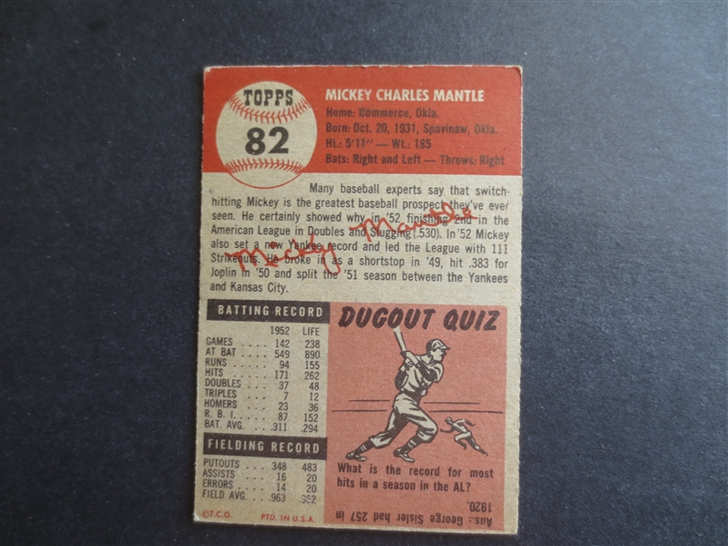 1953 Topps Mickey Mantle Baseball Card #82 in Nice Shape!