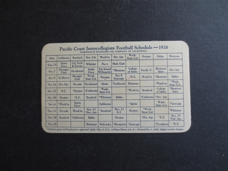 1926 Pacific Coast Intercollegiate Football Schedule by Standard Oil and includes Cal, Stanford, USC and others